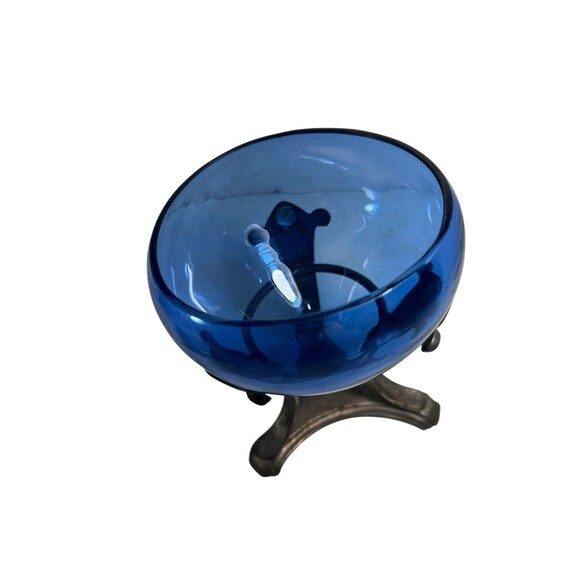 VTG Cobalt Blue Glass Pedestal Compote Apothecary Jar Hand Blown Silver Overlay - Picture 8 of 16